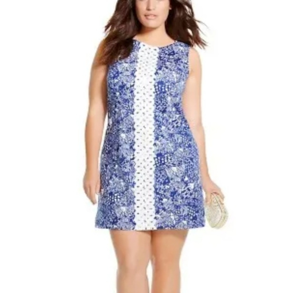 Lilly Pulitzer Shift Dress Fish Upstream Blue + White with Pink Zipper - Size 14